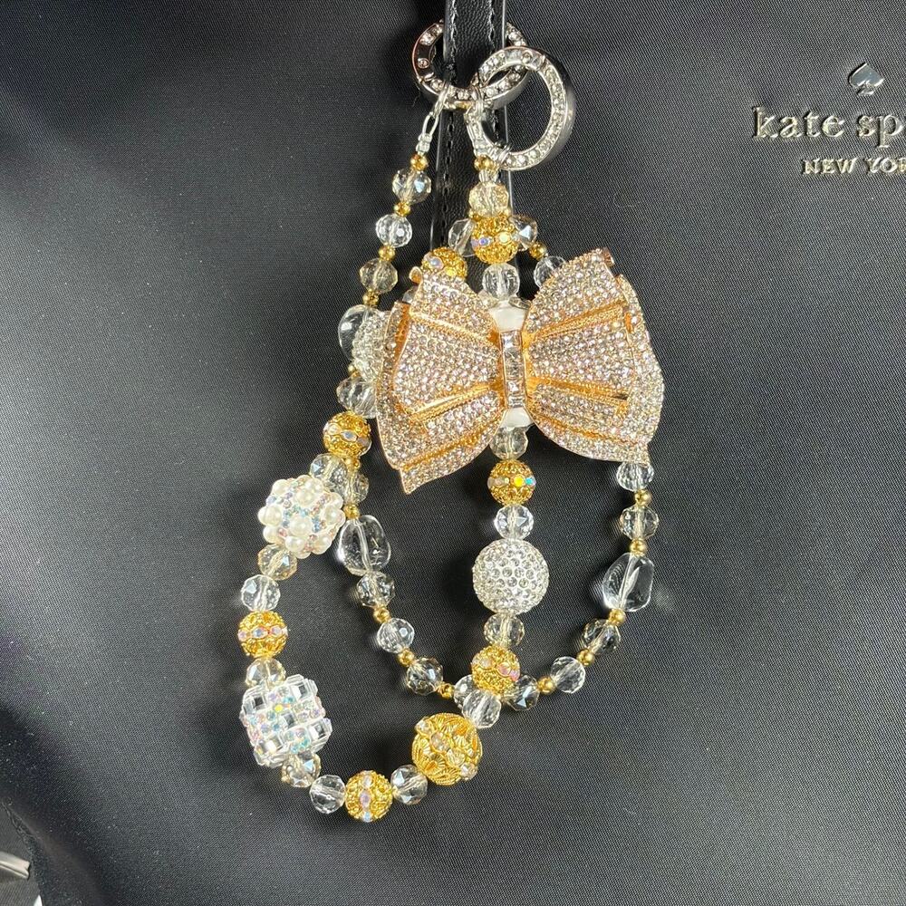 Beaded Bag Charm Gold Crystal Bow Rhinestone Drip Y2K Coquette Luxe Kawaii Spark - Picture 2 of 12